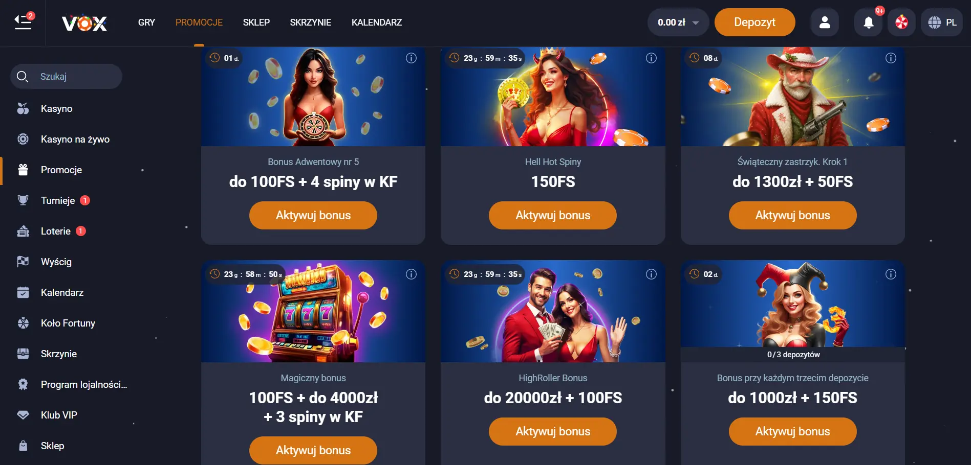 Vox Casino sekcja bonusowa