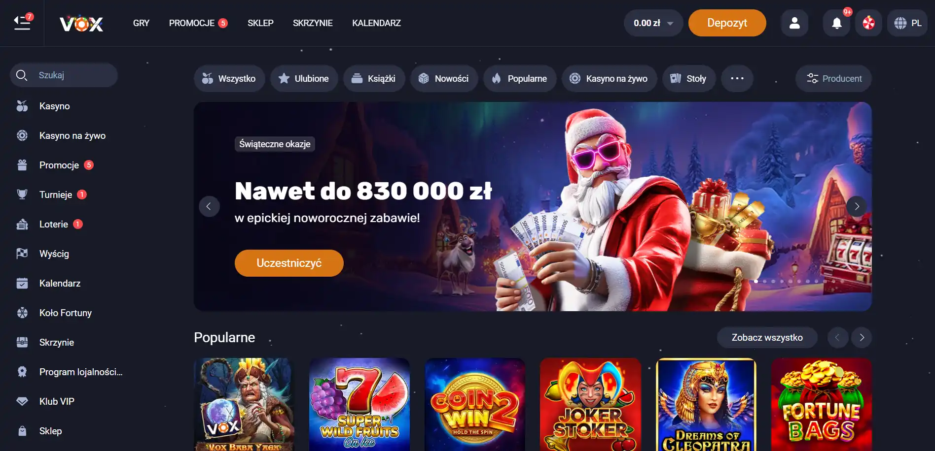 Vox Casino sekcja menu